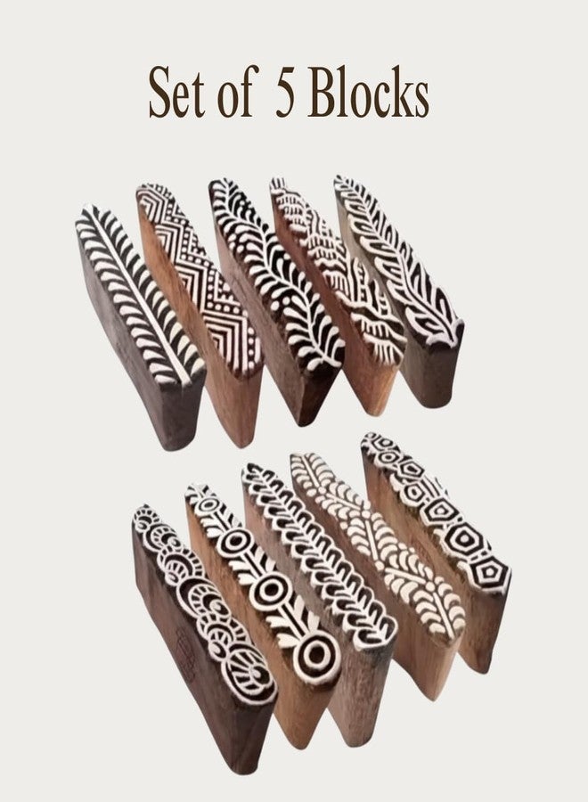 KHUSHA CREATIONS Set of 5 Handcrafted Wooden Printing Block for Fabric Paper & Clay - Indian Border Design Stamps for Textile Printing DIY Craft & Mehndi Art - Image 2